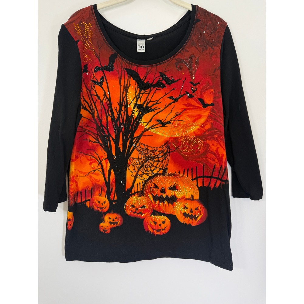 Thomas Olivia Halloween Shirt Large L Rhinestone Pumpkin Bat Spooky Cotton Top